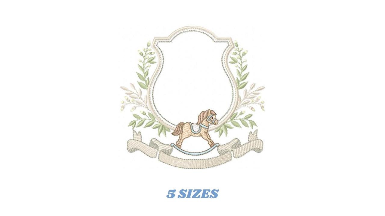 Toy Horse embroidery design - Baby boy rocking horse laurel frame machine embroidery pattern - Instant digital download pes jef hus dst vp3