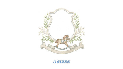 Toy Horse embroidery design - Baby boy rocking horse laurel frame machine embroidery pattern - Instant digital download pes jef hus dst vp3