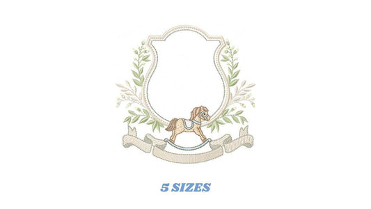Toy Horse embroidery design - Baby boy rocking horse laurel frame machine embroidery pattern - Instant digital download pes jef hus dst vp3