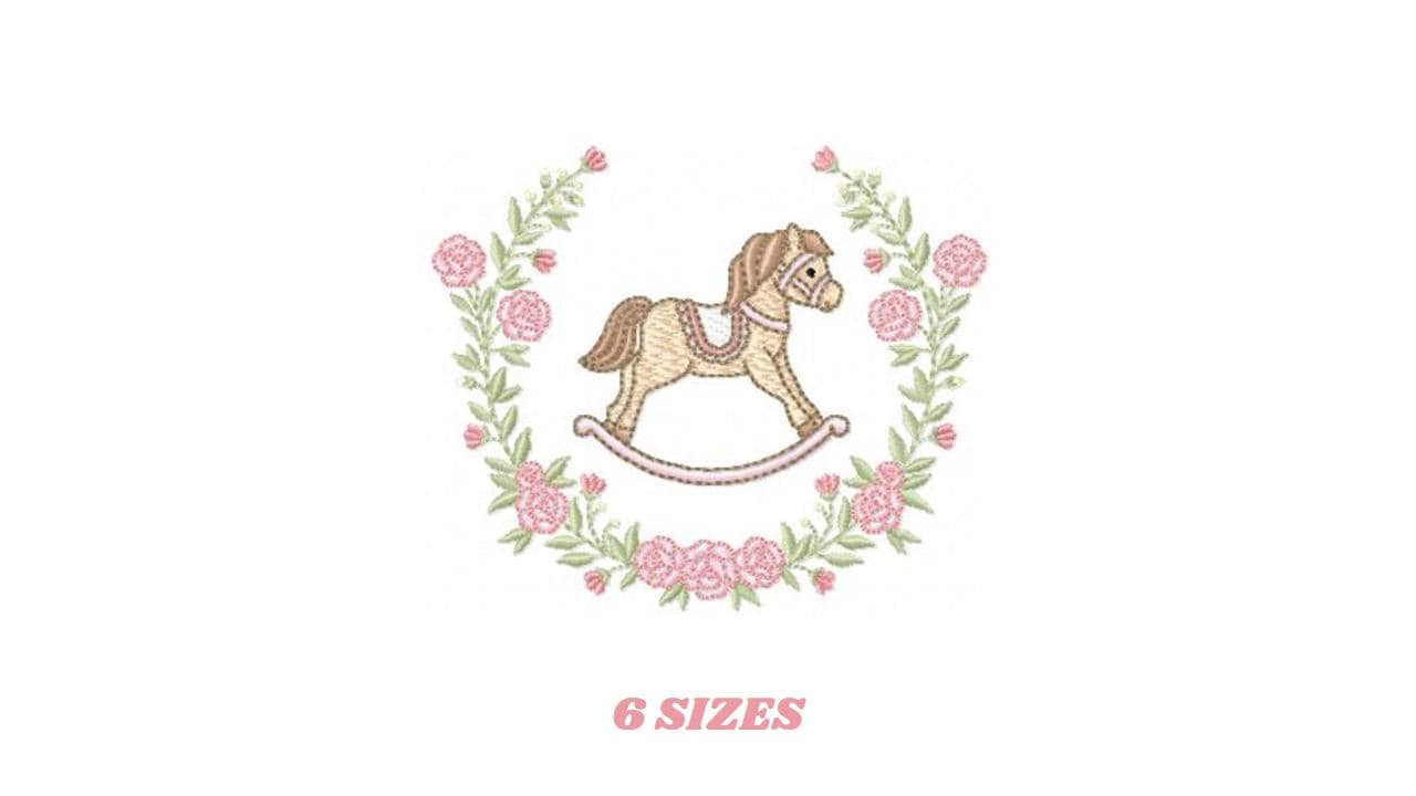 Toy Horse embroidery design - Baby boy rocking horse laurel frame machine embroidery pattern - Instant digital download pes jef hus dst vp3