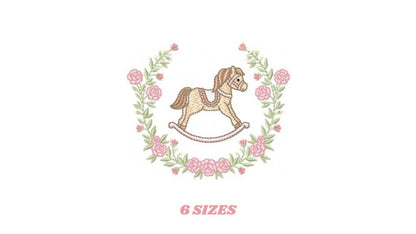 Toy Horse embroidery design - Baby boy rocking horse laurel frame machine embroidery pattern - Instant digital download pes jef hus dst vp3