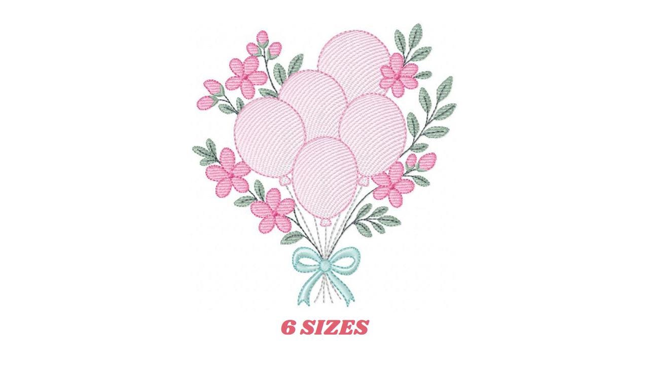 Balloon embroidery design - Pink Balloon bouquet with flowers machine embroidery pattern - Happy Birthday file - Instant download pes jef