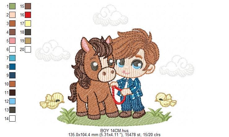 Cowboy embroidery design - Baby boy with horse and birds machine embroidery pattern - Farm ranch embroidery file - Instant digital download