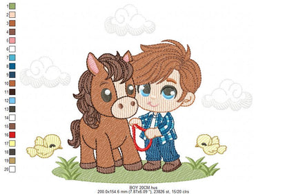 Cowboy embroidery design - Baby boy with horse and birds machine embroidery pattern - Farm ranch embroidery file - Instant digital download
