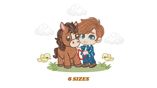 Cowboy embroidery design - Baby boy with horse and birds machine embroidery pattern - Farm ranch embroidery file - Instant digital download