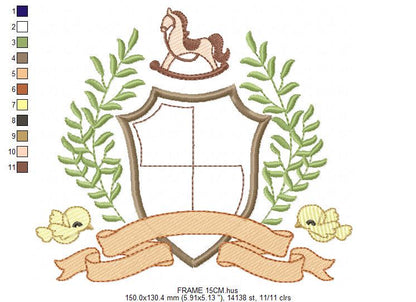 Bird with horse laurel frame embroidery designs - Monogram frame machine embroidery pattern - Floral Kitchen Towel file - Instant download