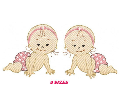 Baby girl embroidery design - Twin sisters with diapers machine embroidery pattern - Toddler file - Instant digital download pes jef dst hus