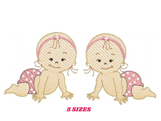 Baby girl embroidery design - Twin sisters with diapers machine embroidery pattern - Toddler file - Instant digital download pes jef dst hus