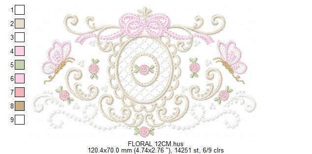 Roses with lace and butterflies embroidery designs - Flowers with frame machine embroidery pattern - Floral Kitchen towel - Instant download