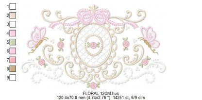 Roses with lace and butterflies embroidery designs - Flowers with frame machine embroidery pattern - Floral Kitchen towel - Instant download