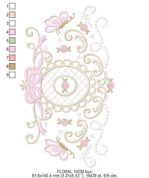 Roses with lace and butterflies embroidery designs - Flowers with frame machine embroidery pattern - Floral Kitchen towel - Instant download