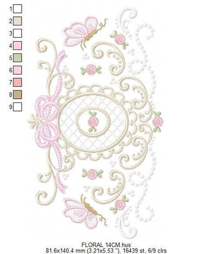 Roses with lace and butterflies embroidery designs - Flowers with frame machine embroidery pattern - Floral Kitchen towel - Instant download