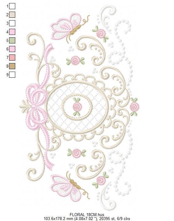 Roses with lace and butterflies embroidery designs - Flowers with frame machine embroidery pattern - Floral Kitchen towel - Instant download