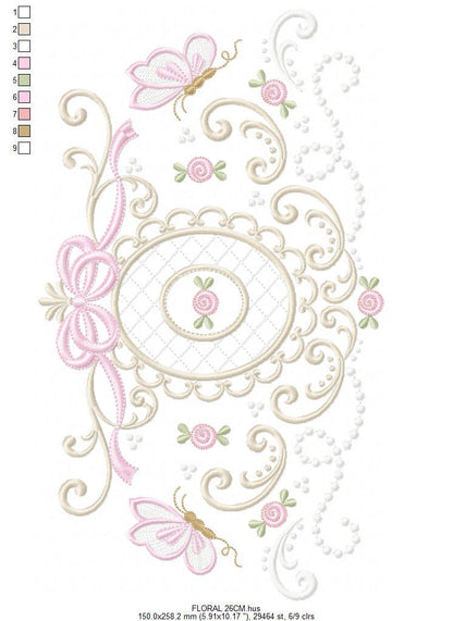 Roses with lace and butterflies embroidery designs - Flowers with frame machine embroidery pattern - Floral Kitchen towel - Instant download