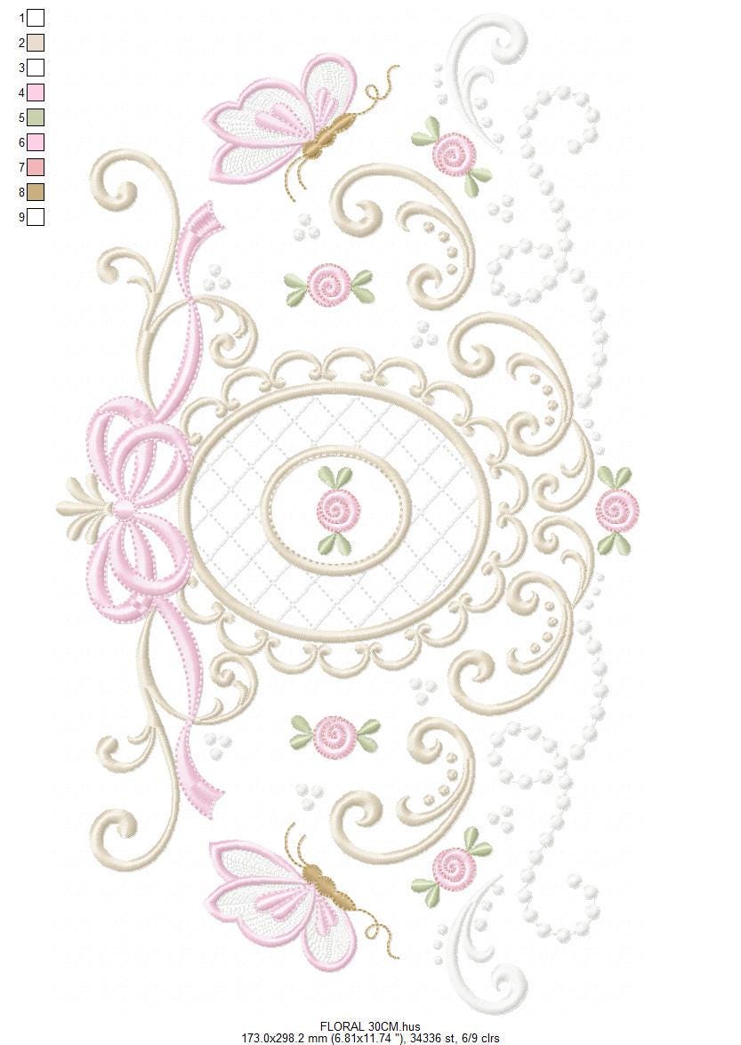 Roses with lace and butterflies embroidery designs - Flowers with frame machine embroidery pattern - Floral Kitchen towel - Instant download