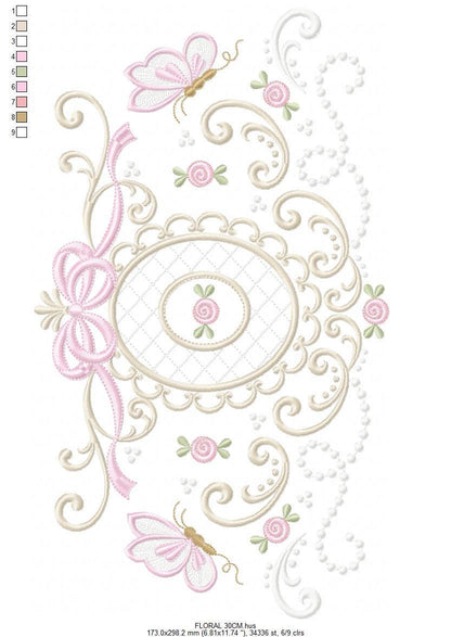 Roses with lace and butterflies embroidery designs - Flowers with frame machine embroidery pattern - Floral Kitchen towel - Instant download