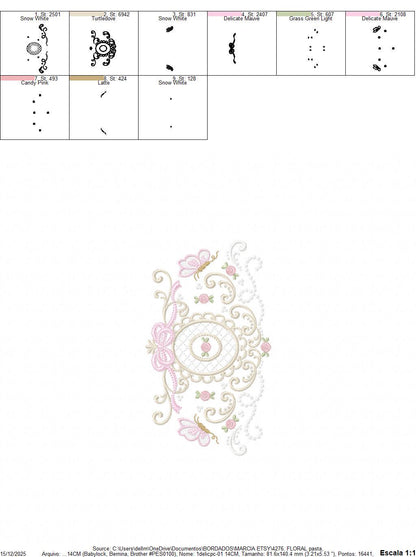 Roses with lace and butterflies embroidery designs - Flowers with frame machine embroidery pattern - Floral Kitchen towel - Instant download