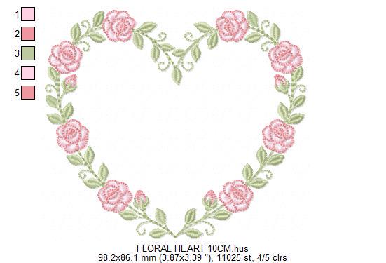 Heart with flowers embroidery designs - Rose heart frame machine embroidery pattern - Baby girl file - Instant digital download pes jef dst