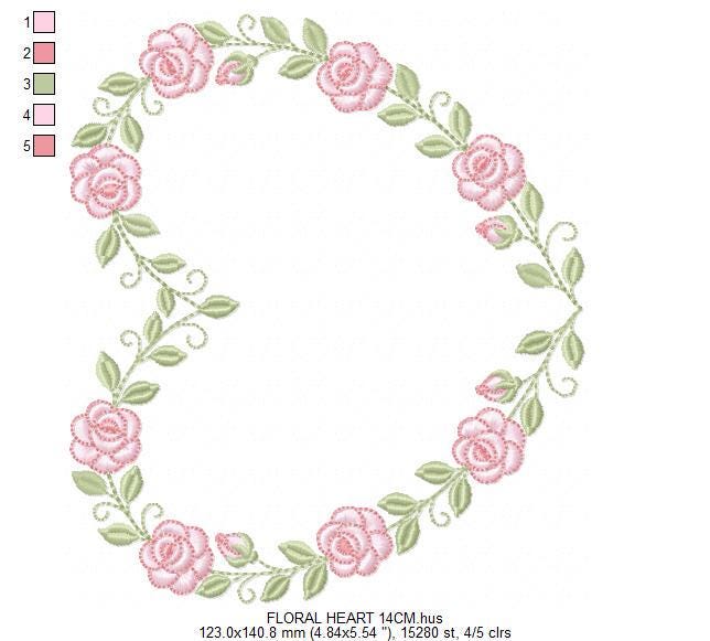 Heart with flowers embroidery designs - Rose heart frame machine embroidery pattern - Baby girl file - Instant digital download pes jef dst