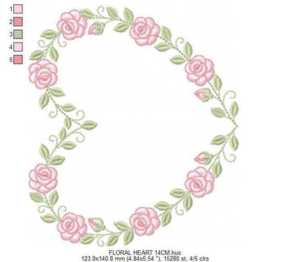 Heart with flowers embroidery designs - Rose heart frame machine embroidery pattern - Baby girl file - Instant digital download pes jef dst