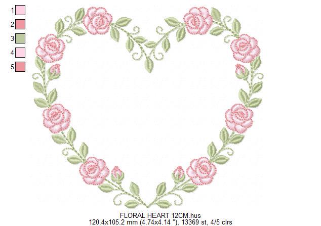 Heart with flowers embroidery designs - Rose heart frame machine embroidery pattern - Baby girl file - Instant digital download pes jef dst