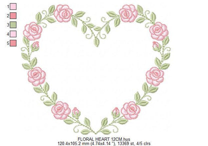 Heart with flowers embroidery designs - Rose heart frame machine embroidery pattern - Baby girl file - Instant digital download pes jef dst