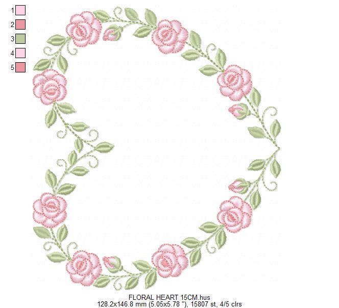 Heart with flowers embroidery designs - Rose heart frame machine embroidery pattern - Baby girl file - Instant digital download pes jef dst