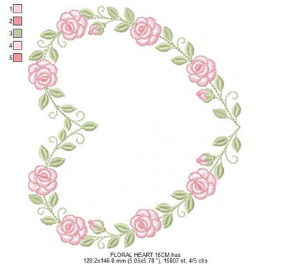 Heart with flowers embroidery designs - Rose heart frame machine embroidery pattern - Baby girl file - Instant digital download pes jef dst