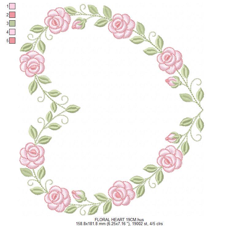 Heart with flowers embroidery designs - Rose heart frame machine embroidery pattern - Baby girl file - Instant digital download pes jef dst