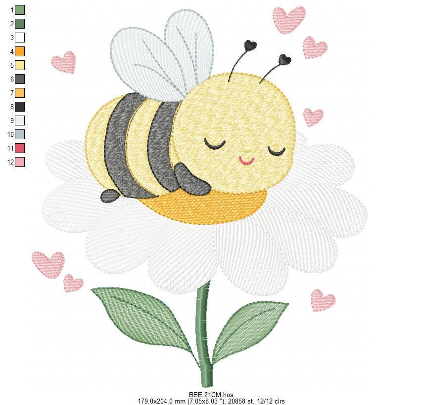 Bee embroidery design - Bee sleeping in daisy flower machine embroidery pattern - Beekeeping Kitchen Towel file - Instant digital download