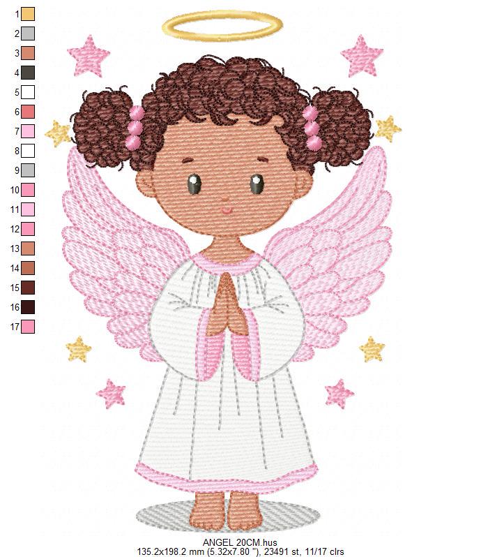 Angel embroidery designs - Angelic Baby girl with curly hair machine embroidery pattern - Girl with wings and halo file - Instant download
