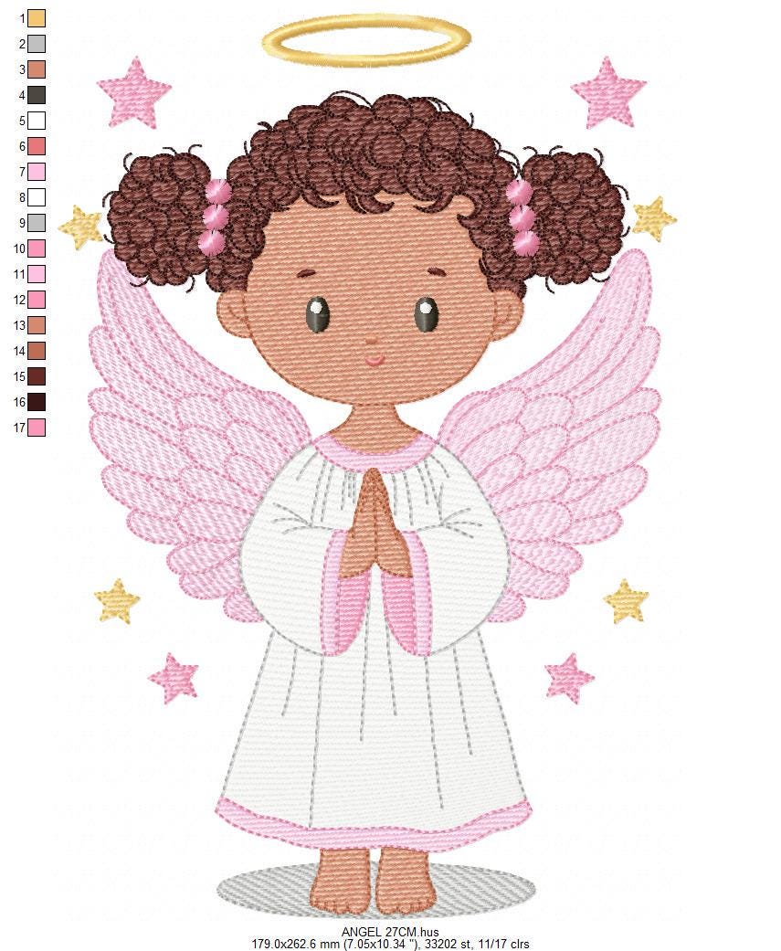 Angel embroidery designs - Angelic Baby girl with curly hair machine embroidery pattern - Girl with wings and halo file - Instant download