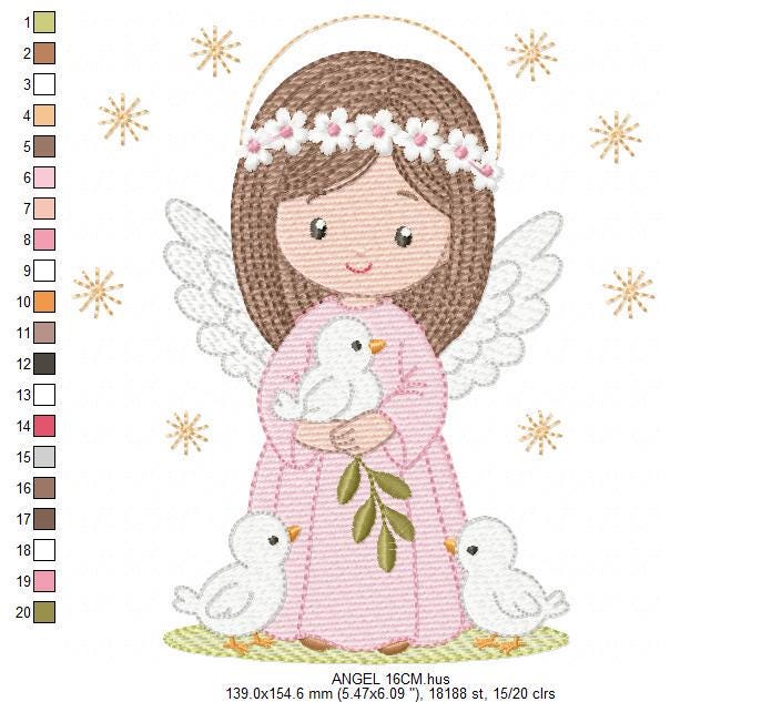 Angel embroidery designs - Angelic Baby girl with doves machine embroidery pattern - Girl with wings and halo file - Instant download pes