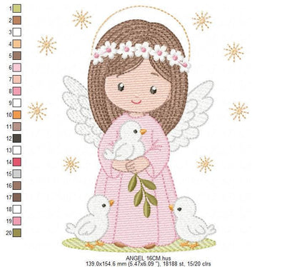 Angel embroidery designs - Angelic Baby girl with doves machine embroidery pattern - Girl with wings and halo file - Instant download pes