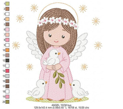 Angel embroidery designs - Angelic Baby girl with doves machine embroidery pattern - Girl with wings and halo file - Instant download pes