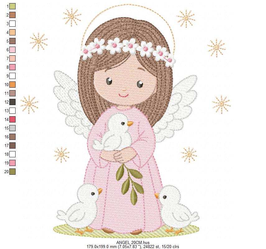 Angel embroidery designs - Angelic Baby girl with doves machine embroidery pattern - Girl with wings and halo file - Instant download pes