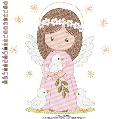 Angel embroidery designs - Angelic Baby girl with doves machine embroidery pattern - Girl with wings and halo file - Instant download pes
