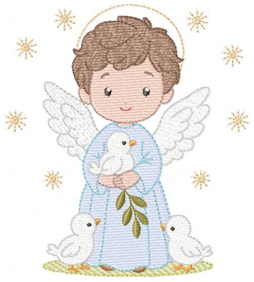 Angel embroidery designs - Angelic Baby Boy with doves machine embroidery pattern - Boy with wings and halo file - Instant download pes jef