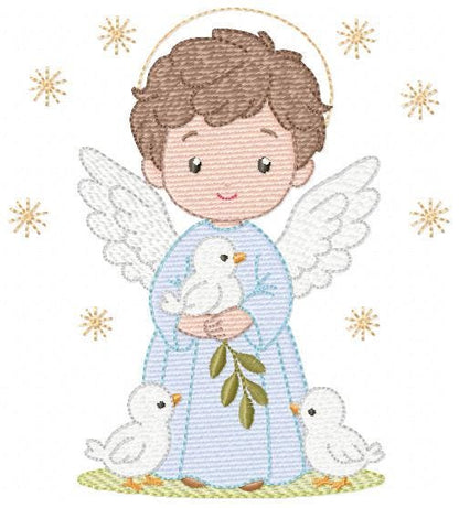 Angel embroidery designs - Angelic Baby Boy with doves machine embroidery pattern - Boy with wings and halo file - Instant download pes jef