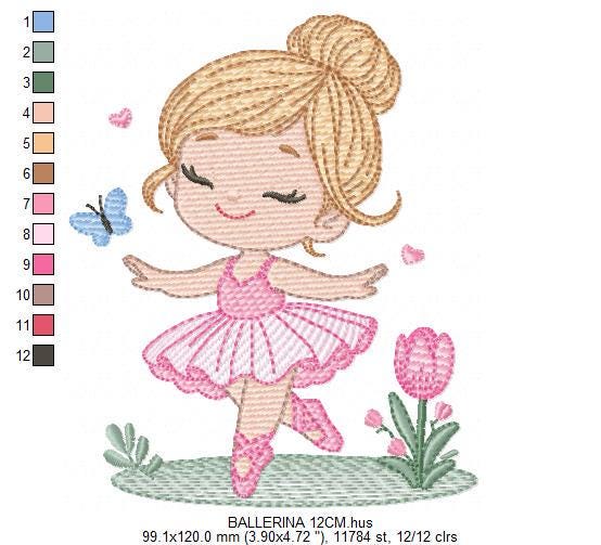 Ballerina embroidery designs - Ballet dancer with flowers machine embroidery pattern - Baby girl with flowers and hearts - Instant download