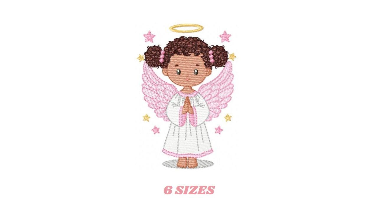 Angel embroidery designs - Angelic Baby girl with curly hair machine embroidery pattern - Girl with wings and halo file - Instant download