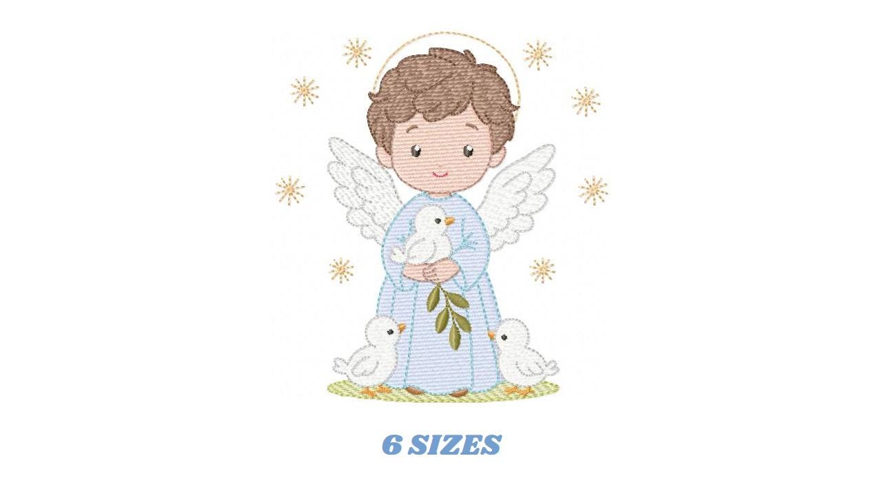 Angel embroidery designs - Angelic Baby Boy with doves machine embroidery pattern - Boy with wings and halo file - Instant download pes jef