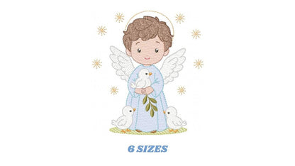 Angel embroidery designs - Angelic Baby Boy with doves machine embroidery pattern - Boy with wings and halo file - Instant download pes jef