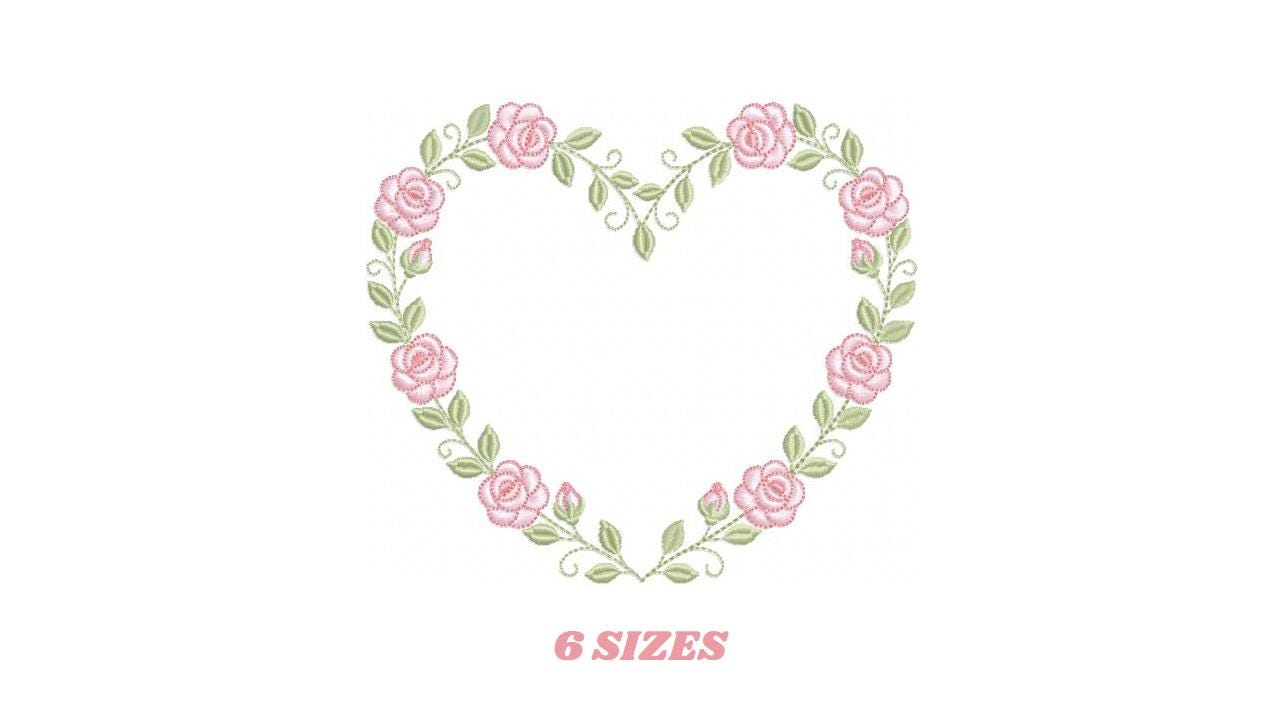 Heart with flowers embroidery designs - Rose heart frame machine embroidery pattern - Baby girl file - Instant digital download pes jef dst