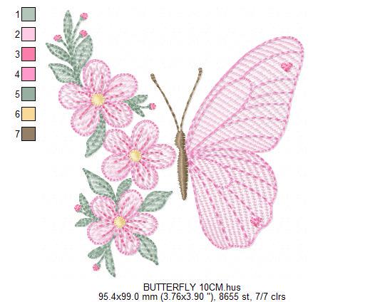 Butterfly embroidery designs - Flower machine embroidery pattern - Floral Kitchen towel file - Instant digital download pes jef dst hus vp3