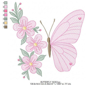 Butterfly embroidery designs - Flower machine embroidery pattern - Floral Kitchen towel file - Instant digital download pes jef dst hus vp3