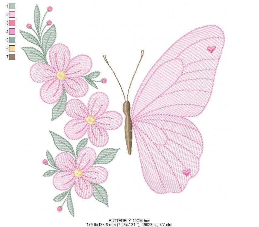 Butterfly embroidery designs - Flower machine embroidery pattern - Floral Kitchen towel file - Instant digital download pes jef dst hus vp3