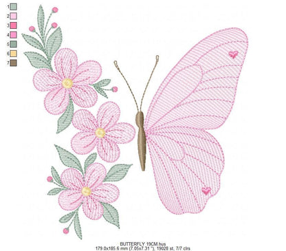 Butterfly embroidery designs - Flower machine embroidery pattern - Floral Kitchen towel file - Instant digital download pes jef dst hus vp3