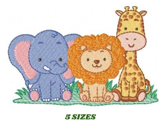 Safari wild animals embroidery designs - Elephant Lion and Giraffe machine pattern - Baby boy and girl file - Instant digital download pes