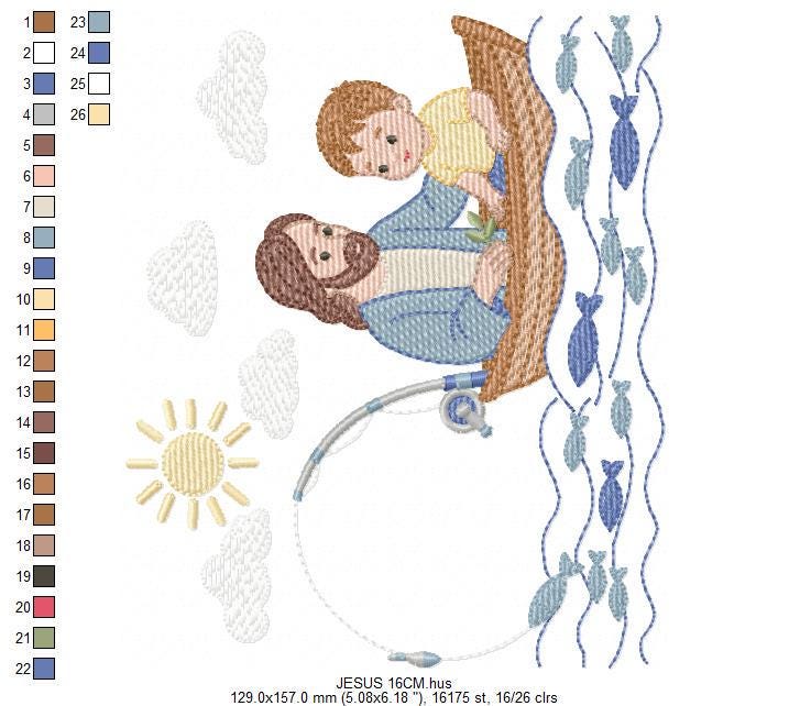 Jesus embroidery designs - Baby boy fishing machine embroidery pattern - Catholic Religious file - Instant digital download pes jef dst hus